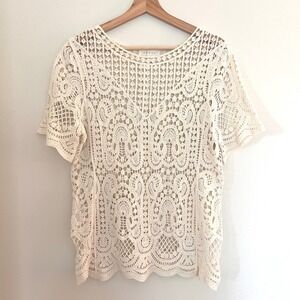 Adiva Cream Crochet Lace Short Sleeve Top Ivory Boho Festival Scalloped Hem Med